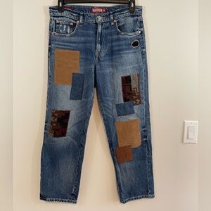 Lucky Brand Legend Jeans Womens 6 Patchwork Boy Mid Rise Relaxed Hemp Blend boho